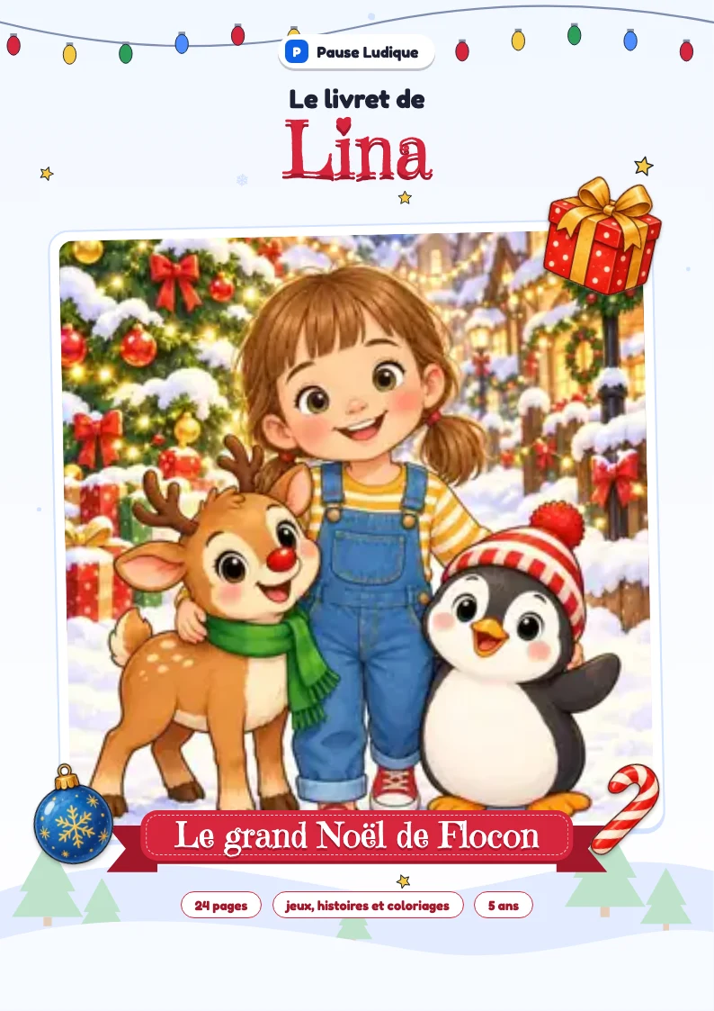 Page 1 : La couverture montre Lina avec Flocon le renne et Pingo le pingouin. Son prénom donne son nom au livret d’aventures.