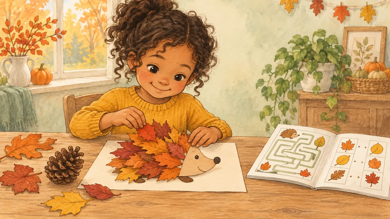 Feuilles rousses, pomme de pin, hérisson en feuilles et livret de jeux pour une activité d'automne avec un enfant