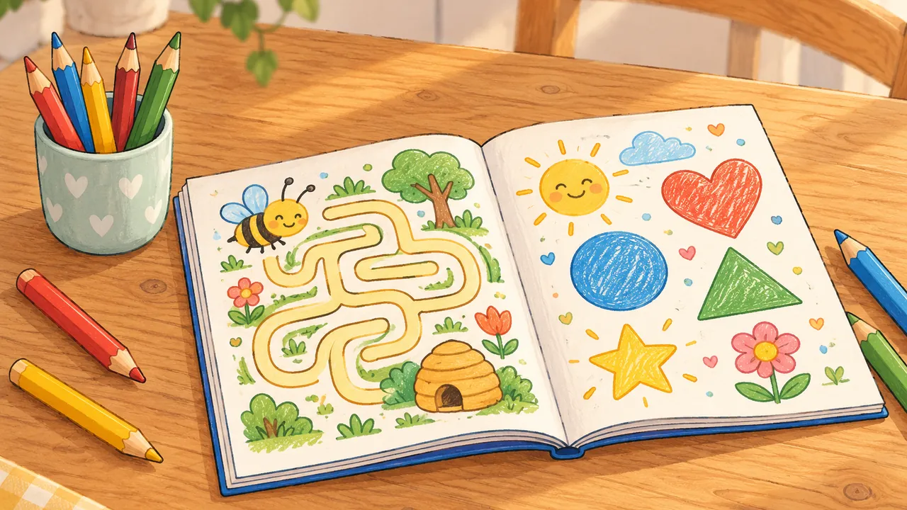 Livret de jeux, crayons et gobelet sur une table, pour une activité enfant sans écran
