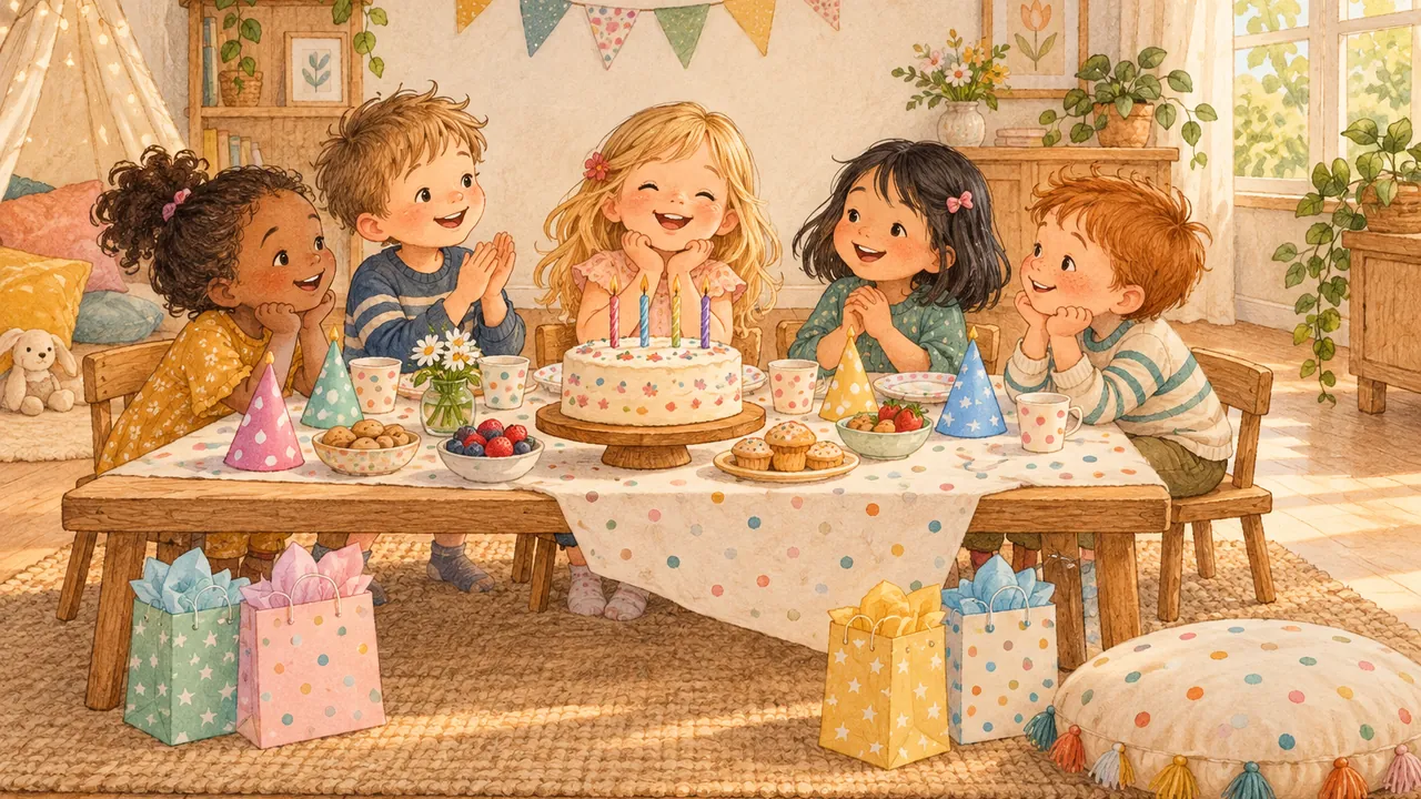 Goûter d'anniversaire à la maison : cinq enfants autour d'une table, un gâteau avec ses bougies, des chapeaux de fête en papier, des sachets surprise décorés et un coussin posé au sol pour un jeu