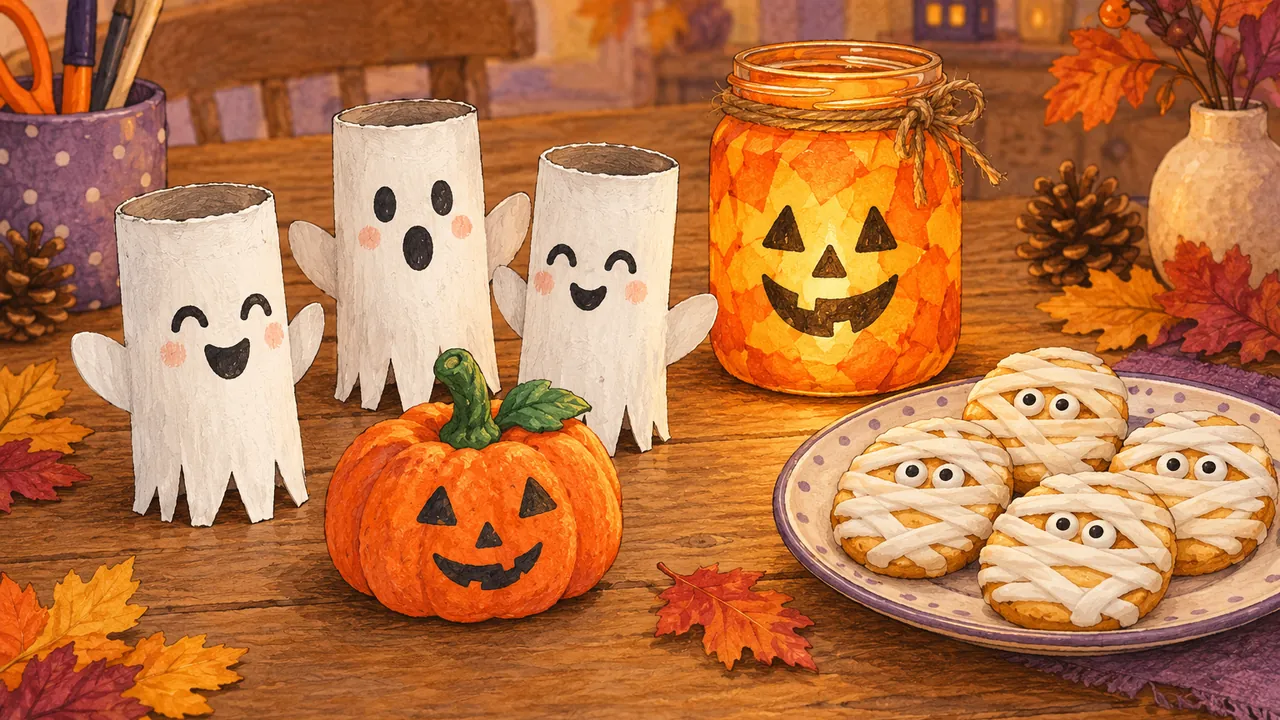 Fantômes en rouleaux de papier toilette, citrouille en pâte à sel, lanterne en pot de confiture et biscuits momies sur une table