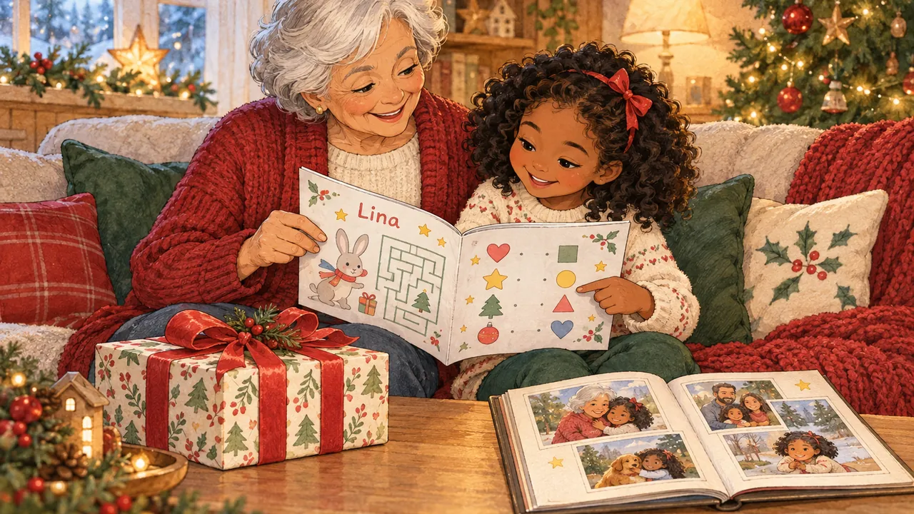 Un grand-parent et un enfant assis côte à côte, un livret de jeux à son prénom ouvert entre eux, un paquet cadeau de Noël et un album photo à côté