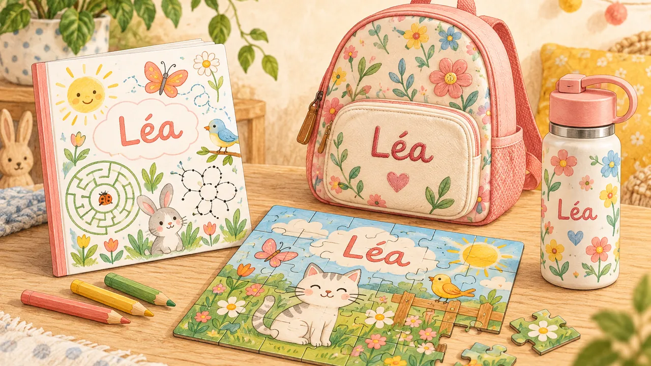 Un livret de jeux, un puzzle, un sac à dos et une gourde, chacun marqué du prénom Léa