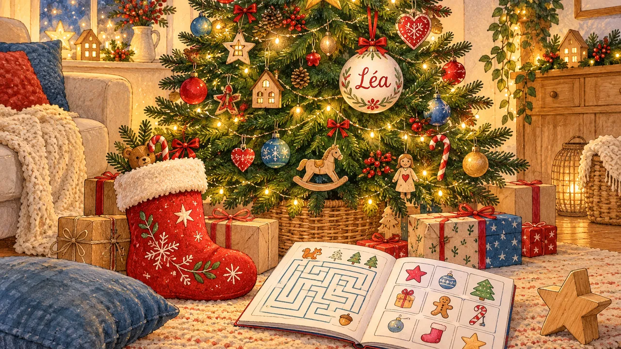 Sapin de Noël décoré d'une boule au prénom d'un enfant, avec une chaussette brodée et un livret de jeux au pied