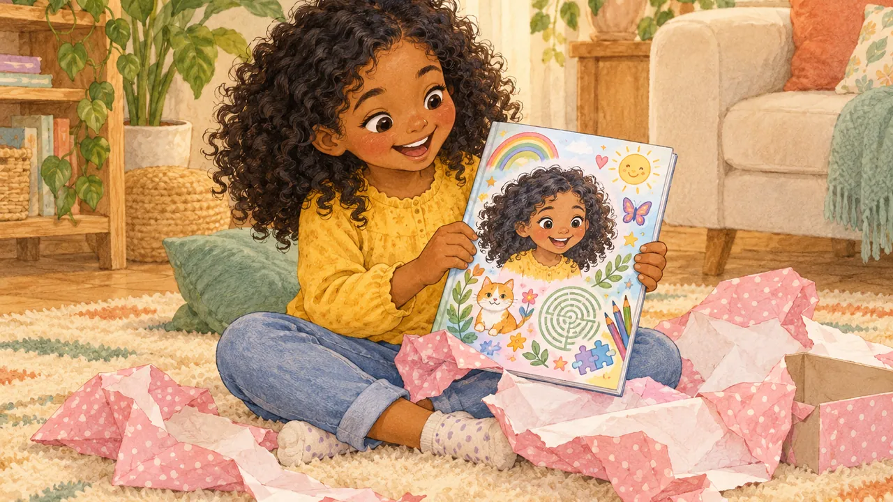 Enfant ravi qui découvre son livret de jeux personnalisé, avec son propre portrait dessiné sur la couverture, au milieu du papier cadeau
