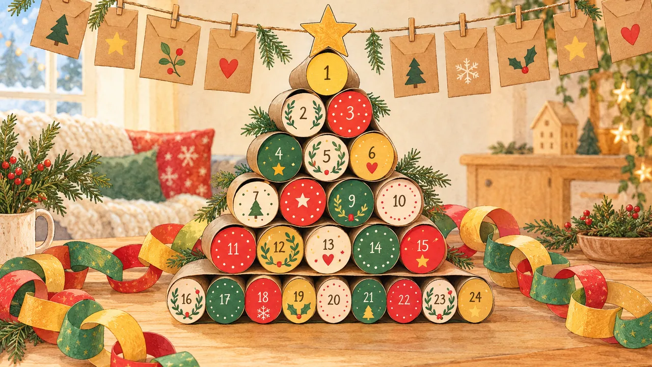 Calendrier de l'Avent fait maison : rouleaux de papier toilette numérotés rangés en forme de sapin, enveloppes kraft sur une ficelle et chaîne de papier