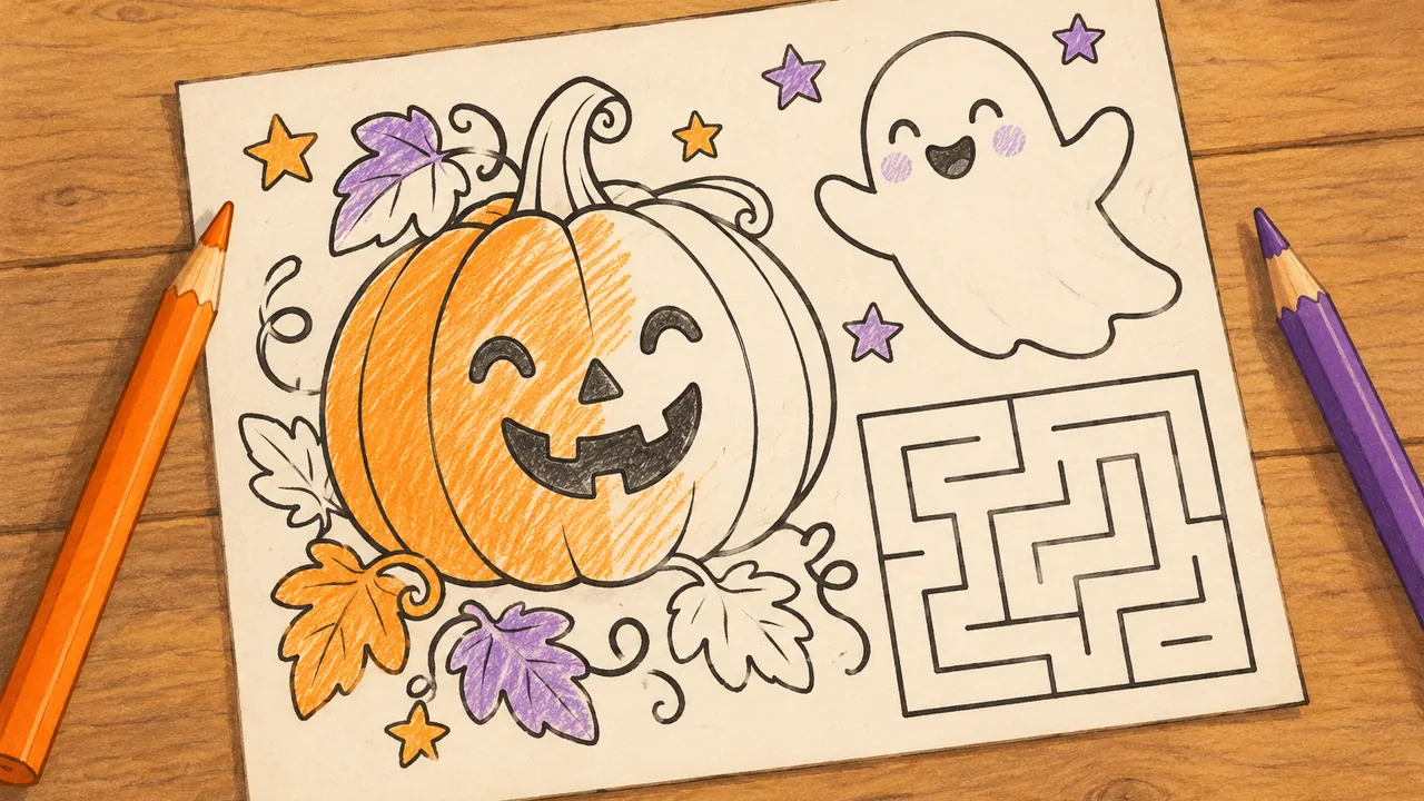 Feuille de coloriage Halloween imprimée avec une citrouille souriante, un fantôme et un petit labyrinthe, à moitié coloriée, avec des crayons orange et violet