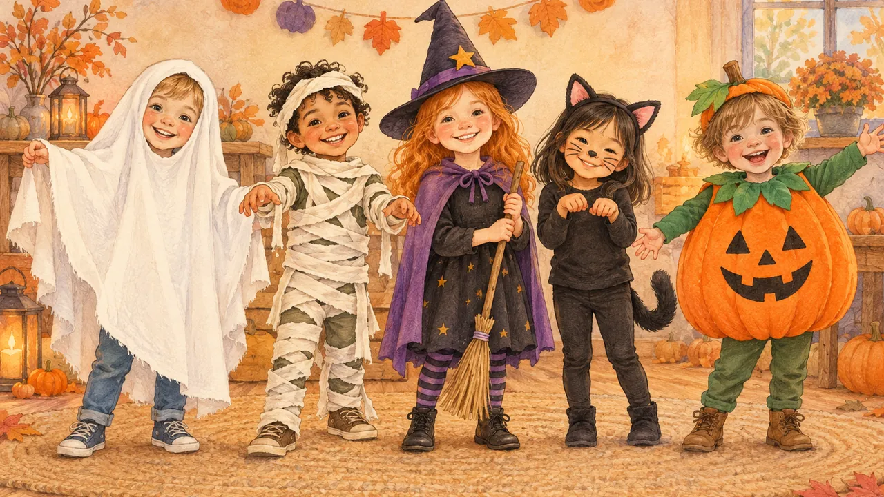 Cinq enfants déguisés avec des costumes faits maison : un fantôme, une momie, une petite sorcière, un chat noir et une citrouille