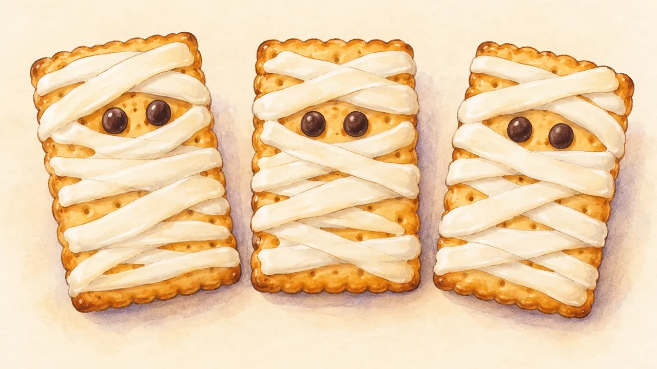 Trois biscuits rectangulaires recouverts de bandes de glaçage blanc, avec deux pépites de chocolat pour les yeux