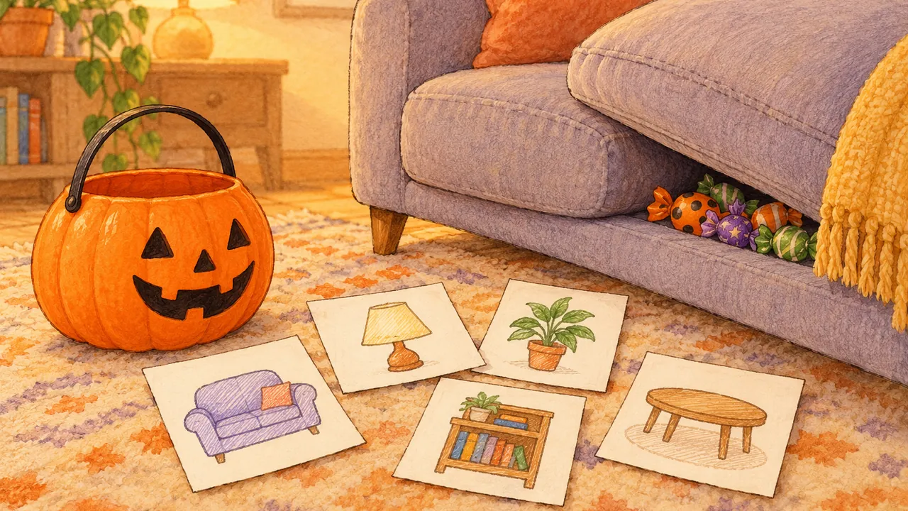 Petit seau en forme de citrouille, cartes d'indices dessinées à la main et bonbons cachés sous un coussin