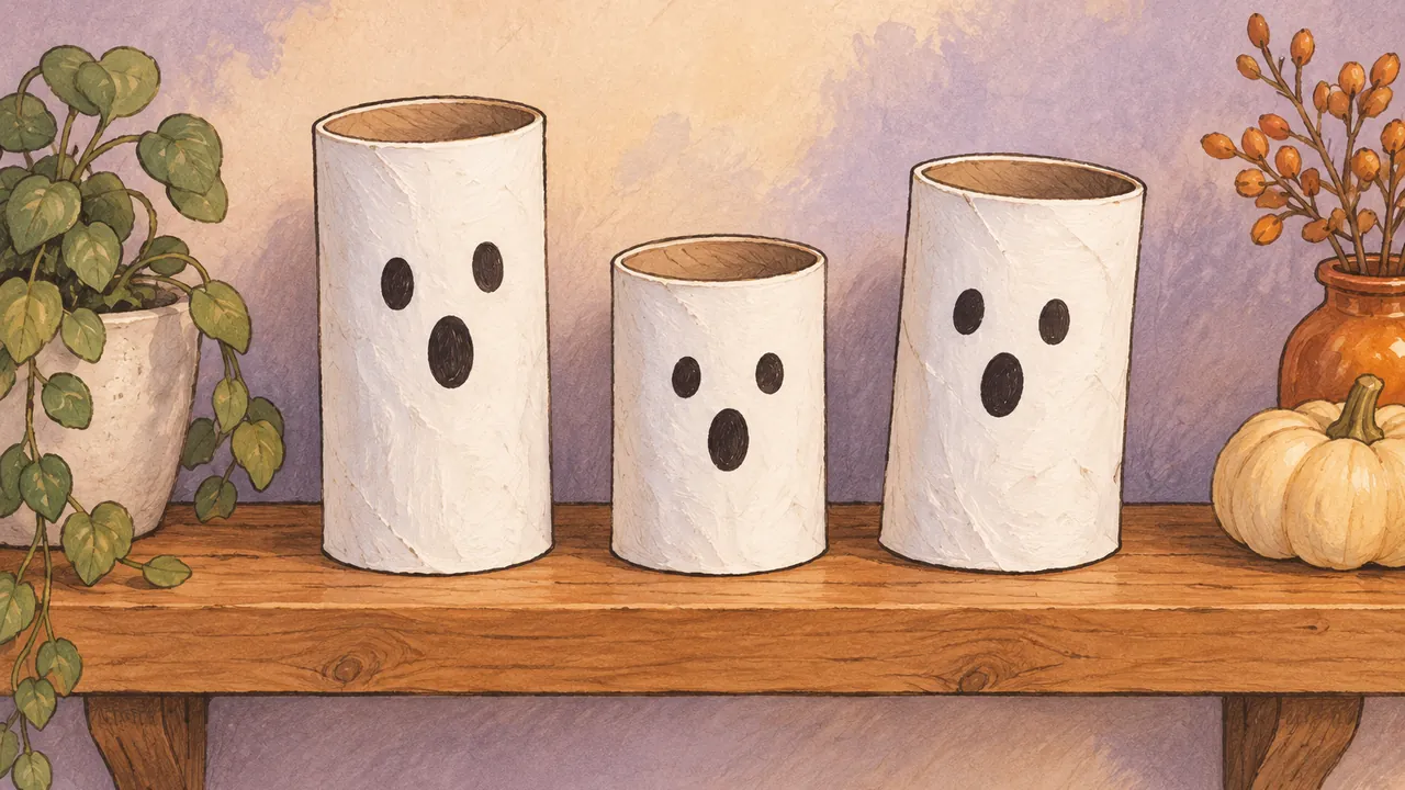 Trois fantômes blancs fabriqués avec des rouleaux de papier toilette, avec des yeux et une bouche ronde au feutre noir
