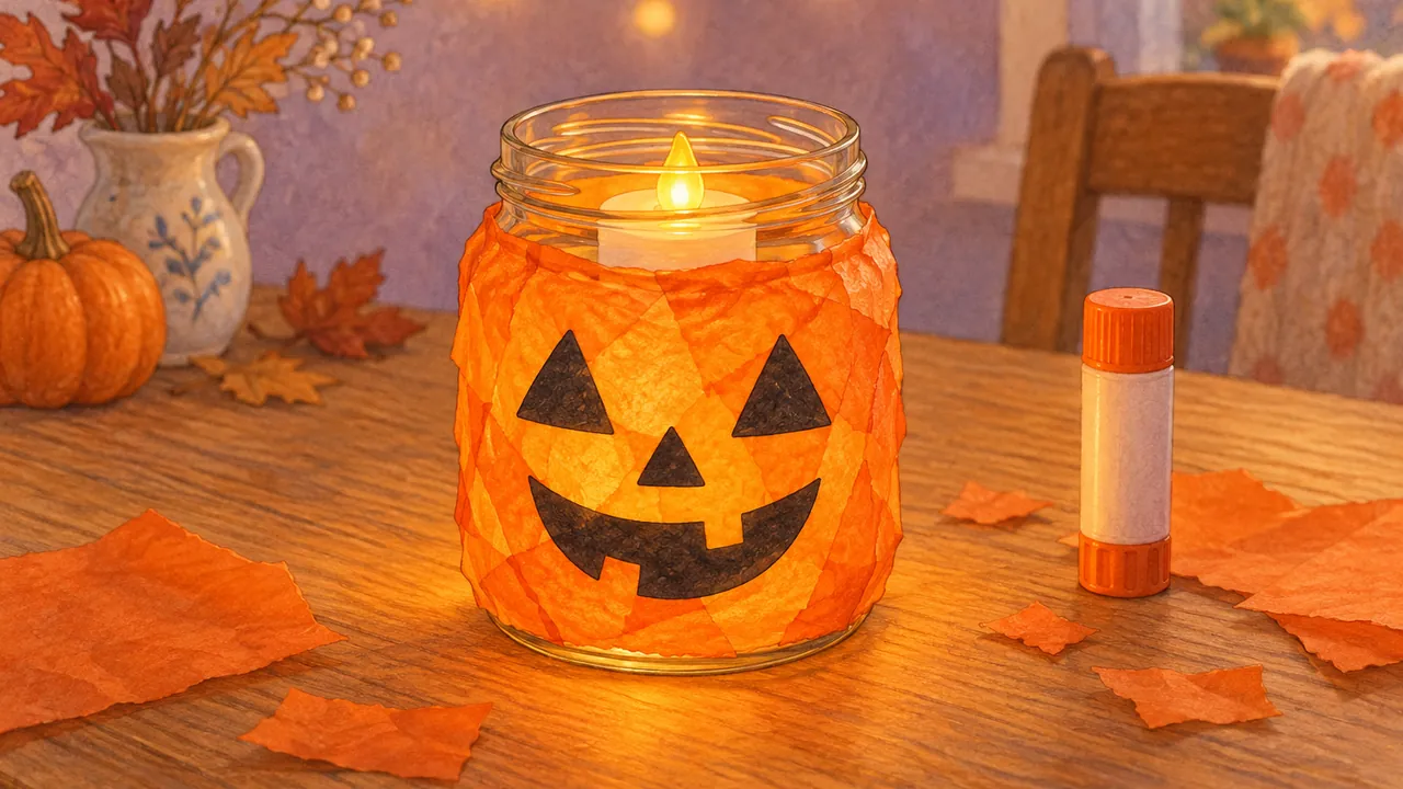 Pot de confiture recouvert de papier orange avec un visage de citrouille noir, éclairé de l'intérieur par une bougie à LED