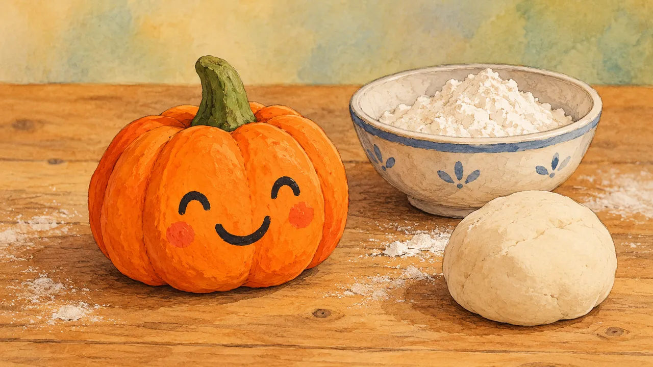 Citrouille souriante en pâte à sel peinte en orange, à côté d'un bol de farine et d'une boule de pâte