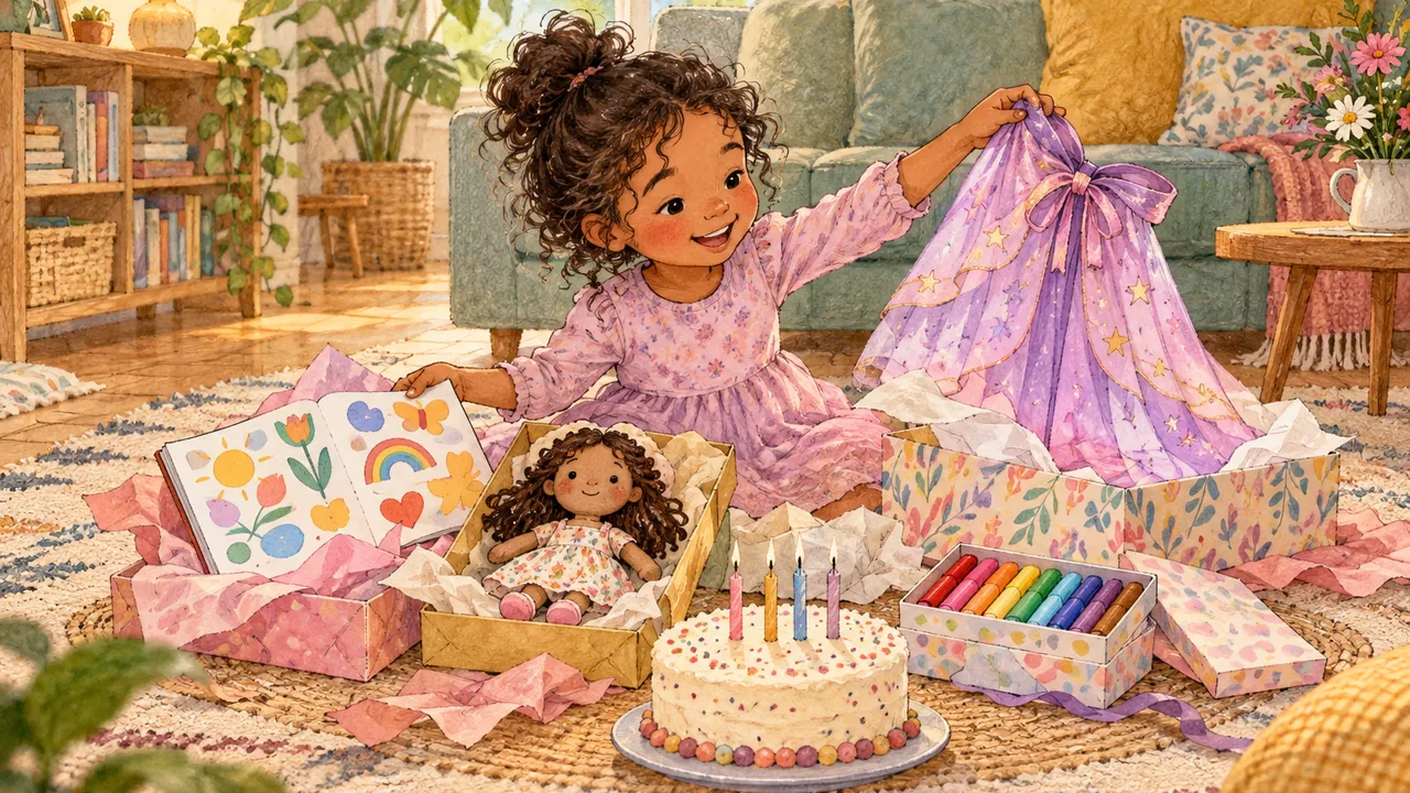 Petite fille de 4 ans qui ouvre ses cadeaux d'anniversaire dans un salon : un livret de jeux, une poupée, des feutres et une cape de fée, devant un gâteau à quatre bougies