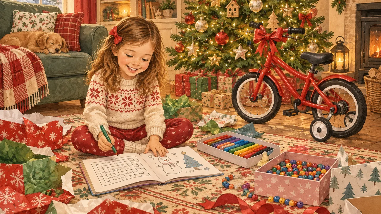 Fille de 5 ans assise devant le sapin de Noël, entourée de cadeaux : un livret de jeux, des feutres, une boîte de perles et un petit vélo