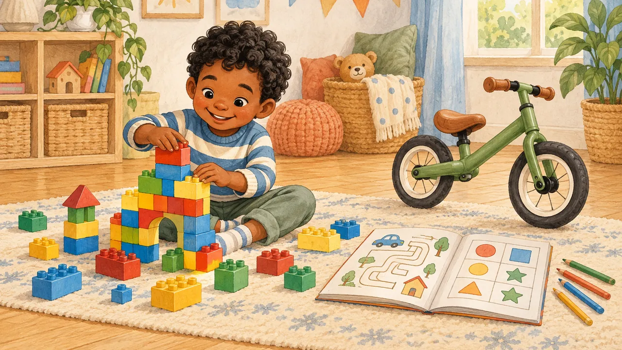 Idées cadeaux pour un garçon de 4 ans : livret de jeux, briques et draisienne