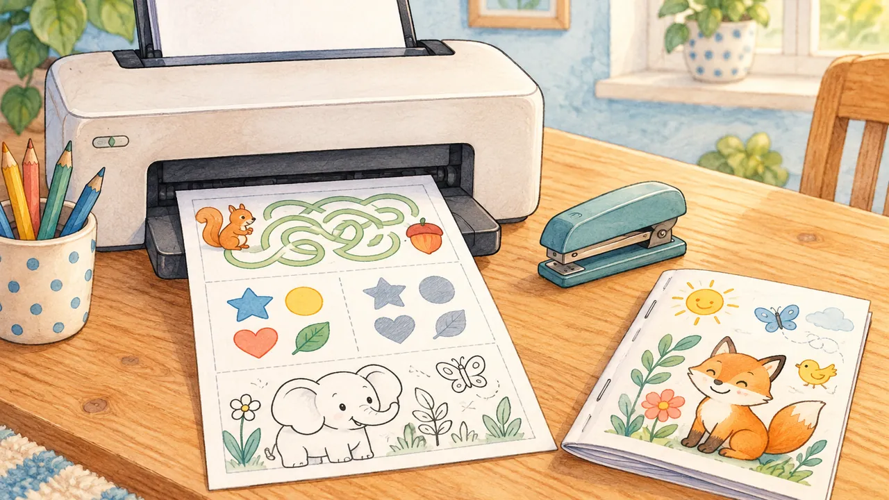 Imprimante familiale qui sort des pages de jeux pour enfant, à côté d'une agrafeuse et d'un livret relié sur un bureau