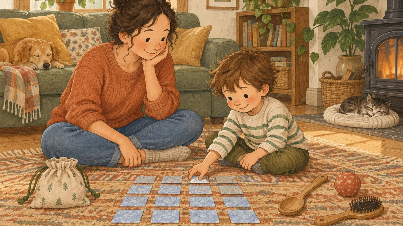 Enfant et parent assis sur un tapis devant des cartes de memory dessinées à la main, retournées face contre table, avec un sac en tissu et quelques objets du quotidien à côté