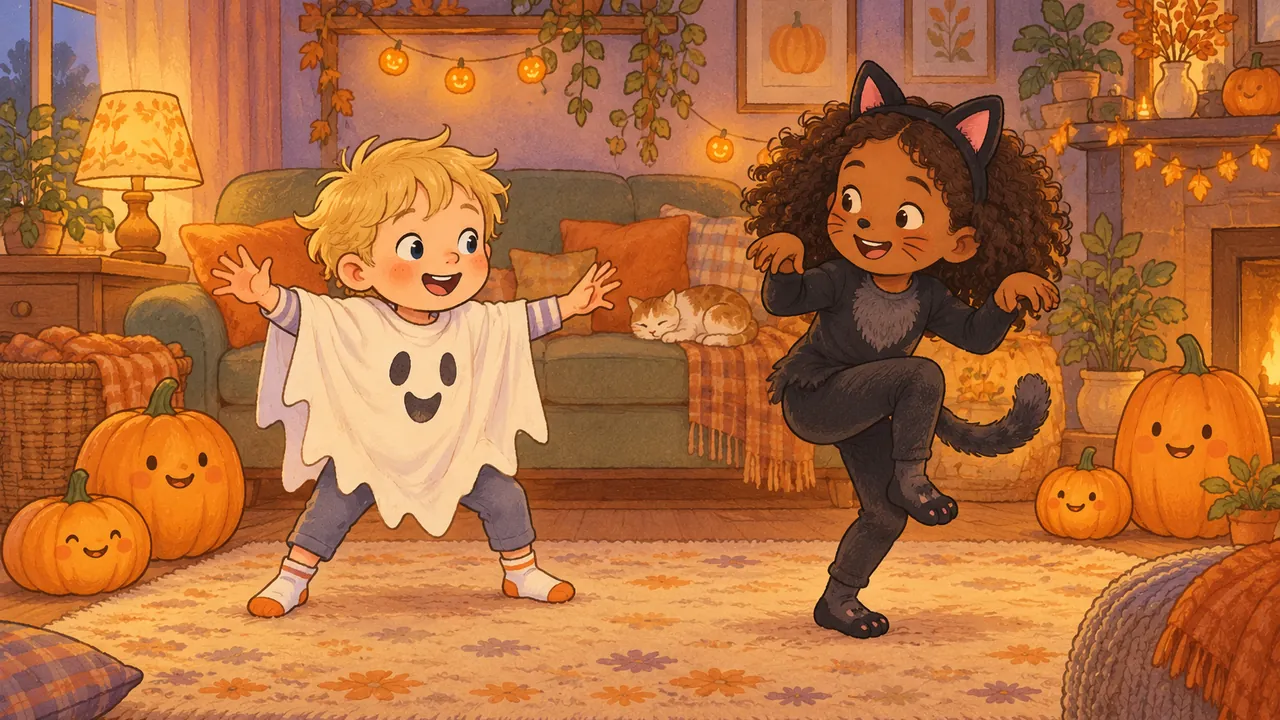 Enfants déguisés en fantôme et en chat qui jouent aux statues dans un salon décoré de citrouilles souriantes