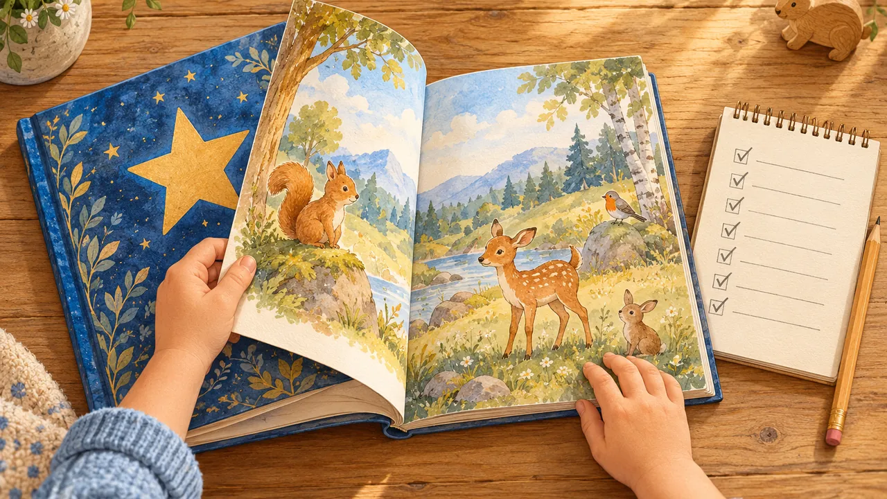 Un livre ouvert avec une étoile sur la couverture, entouré de huit cases cochées