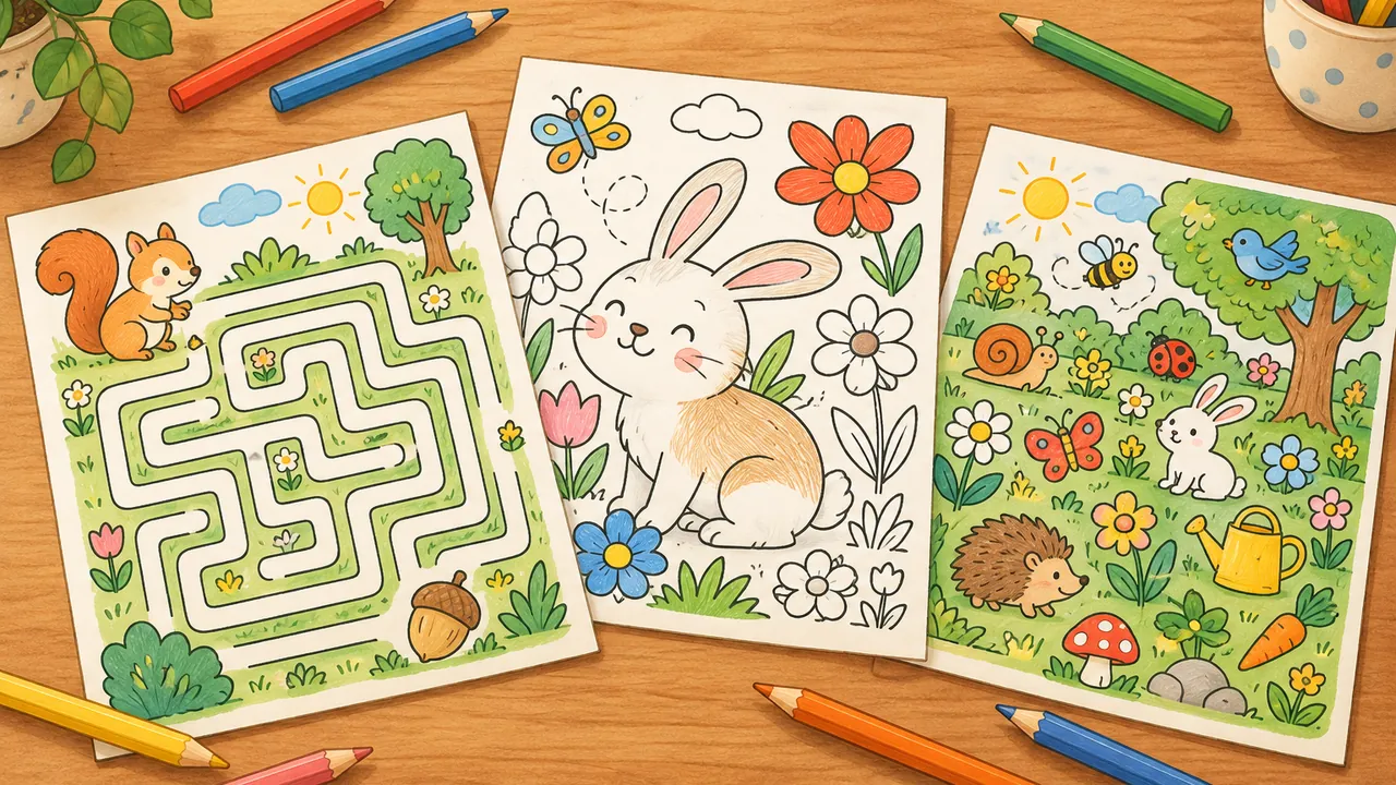 Pages de jeux imprimées étalées sur une table : un labyrinthe, un coloriage et un cherche-et-trouve, avec des crayons de couleur