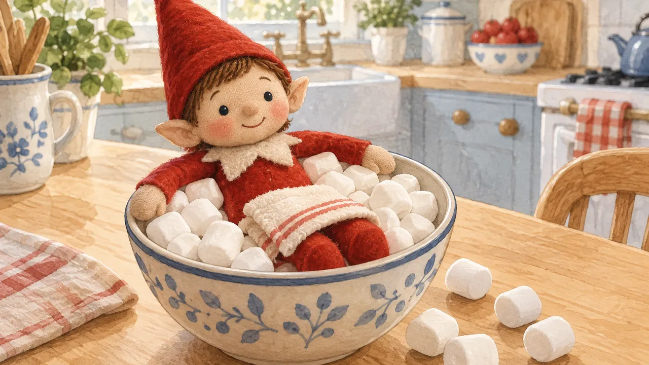 Petit lutin en feutre assis dans un bol de guimauves sur une table de cuisine claire, une serviette repliée posée sur ses genoux