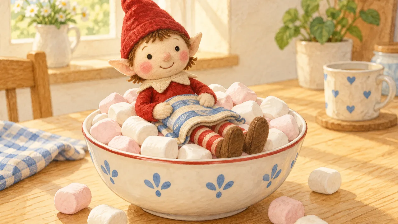 Petit lutin en feutre à bonnet rouge assis dans un bol de guimauves, une serviette repliée sur les genoux, sur une table de cuisine claire au matin