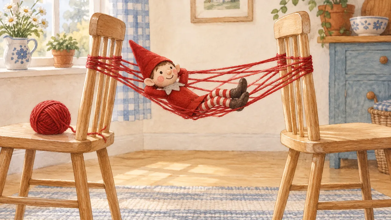 Petit lutin en feutre couché sur une toile de laine rouge tendue entre deux chaises de cuisine, dans une pièce claire
