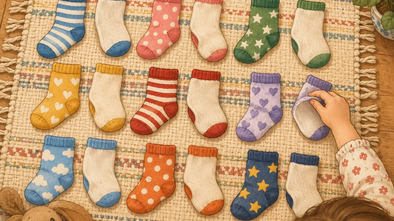 Des chaussettes colorées à motifs étalées en rangées sur un tapis, une chaussette retournée à la main de l'enfant pour retrouver sa jumelle