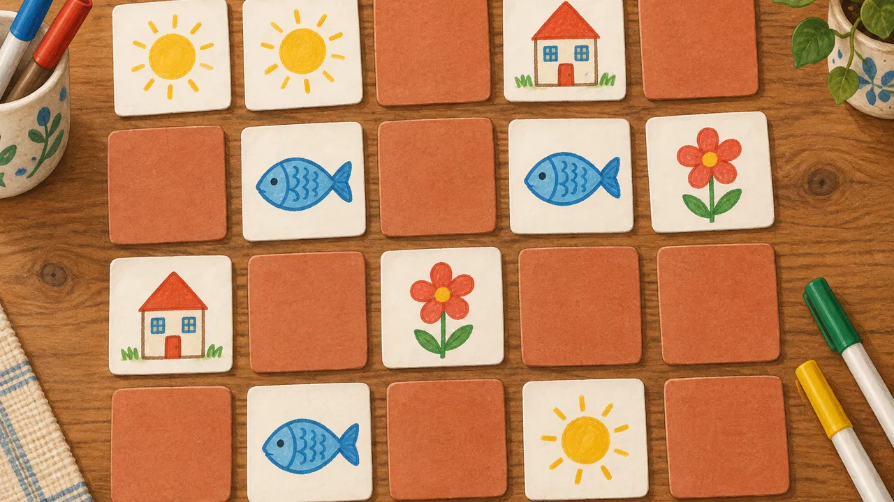 Des cartons carrés posés sur une table, avec des paires de dessins faits au feutre : un soleil, une maison, un poisson et une fleur, certains retournés face cachée