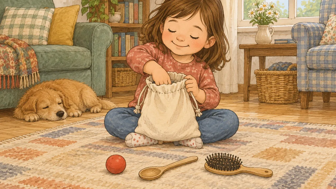 Un enfant les yeux fermés qui plonge la main dans un sac en tissu posé sur ses genoux, avec une balle, une cuillère en bois et une brosse alignées sur le tapis devant lui