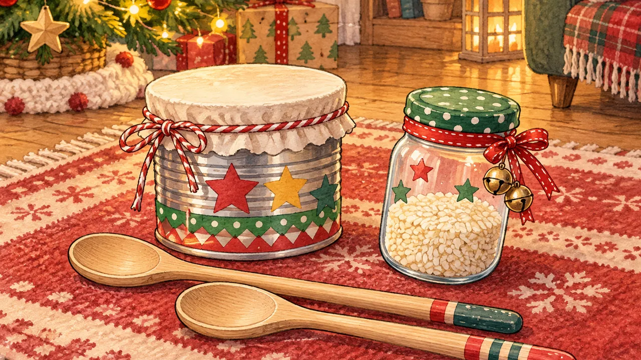 Instruments faits maison posés sur un tapis : une boîte de conserve qui sert de tambour, un bocal de riz en guise de maracas et des cuillères en bois