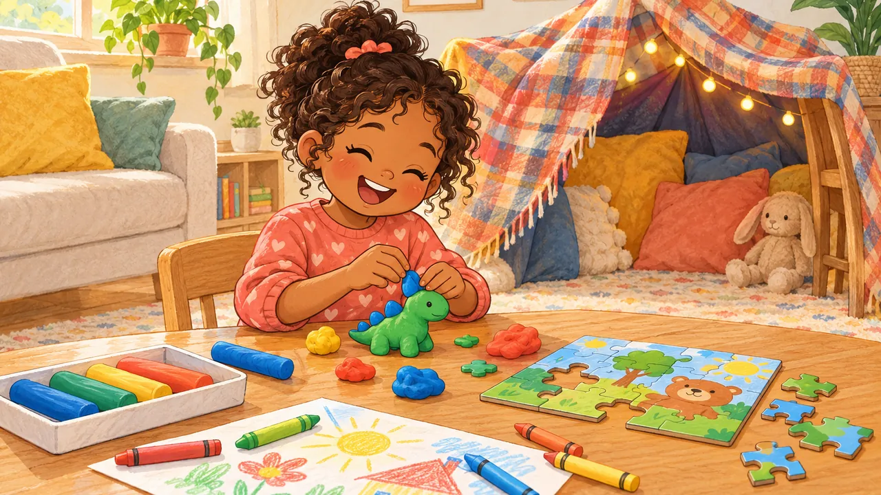 Enfant de 5 ans à la table du salon avec de la pâte à modeler, un puzzle et un coloriage, une cabane en plaid en arrière-plan