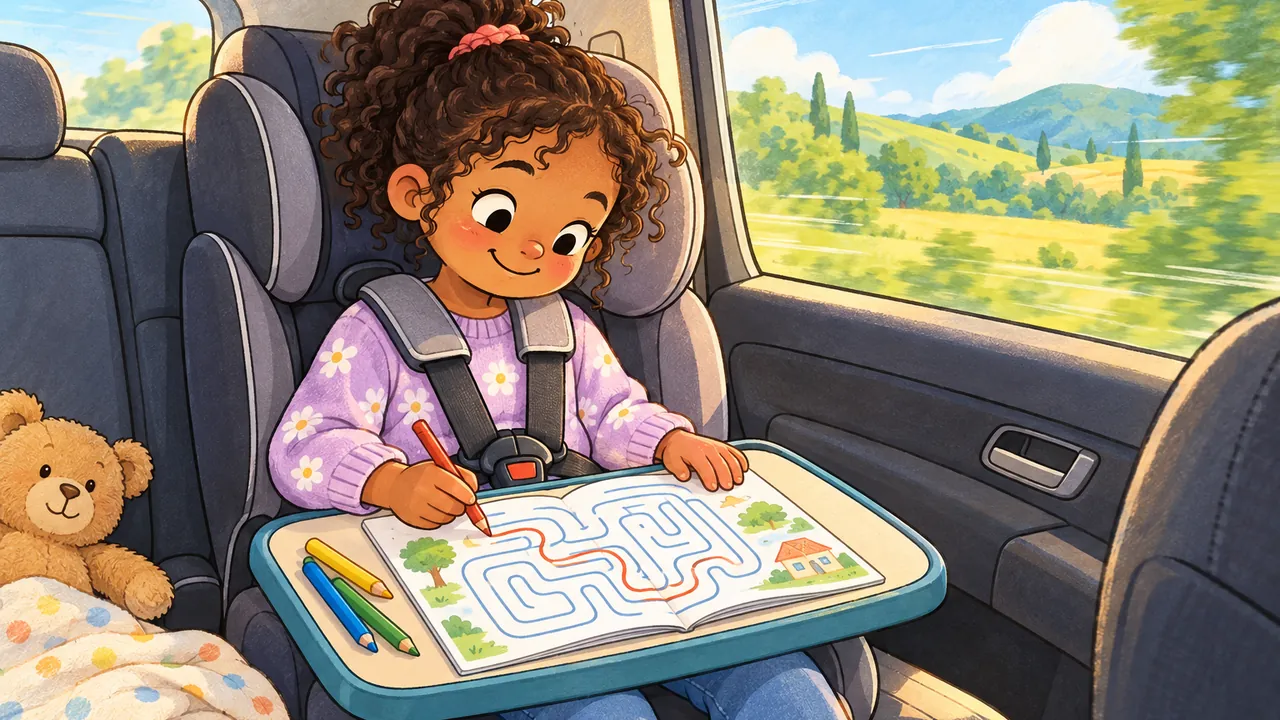 Enfant dans son siège auto qui fait un labyrinthe dans un livret de jeux sur une tablette rigide, paysage qui défile par la vitre