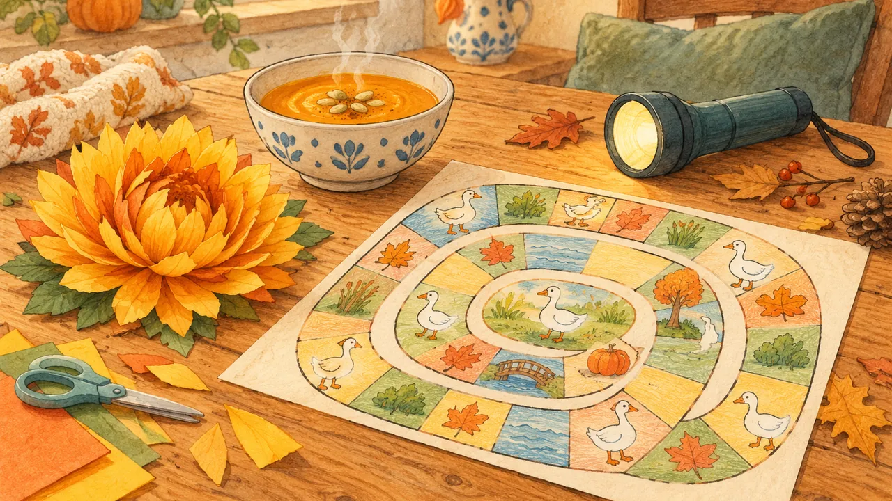 Chrysanthème en papier, bol de velouté de potiron, plateau de jeu de l'oie dessiné et lampe de poche sur une table, pour les vacances de la Toussaint