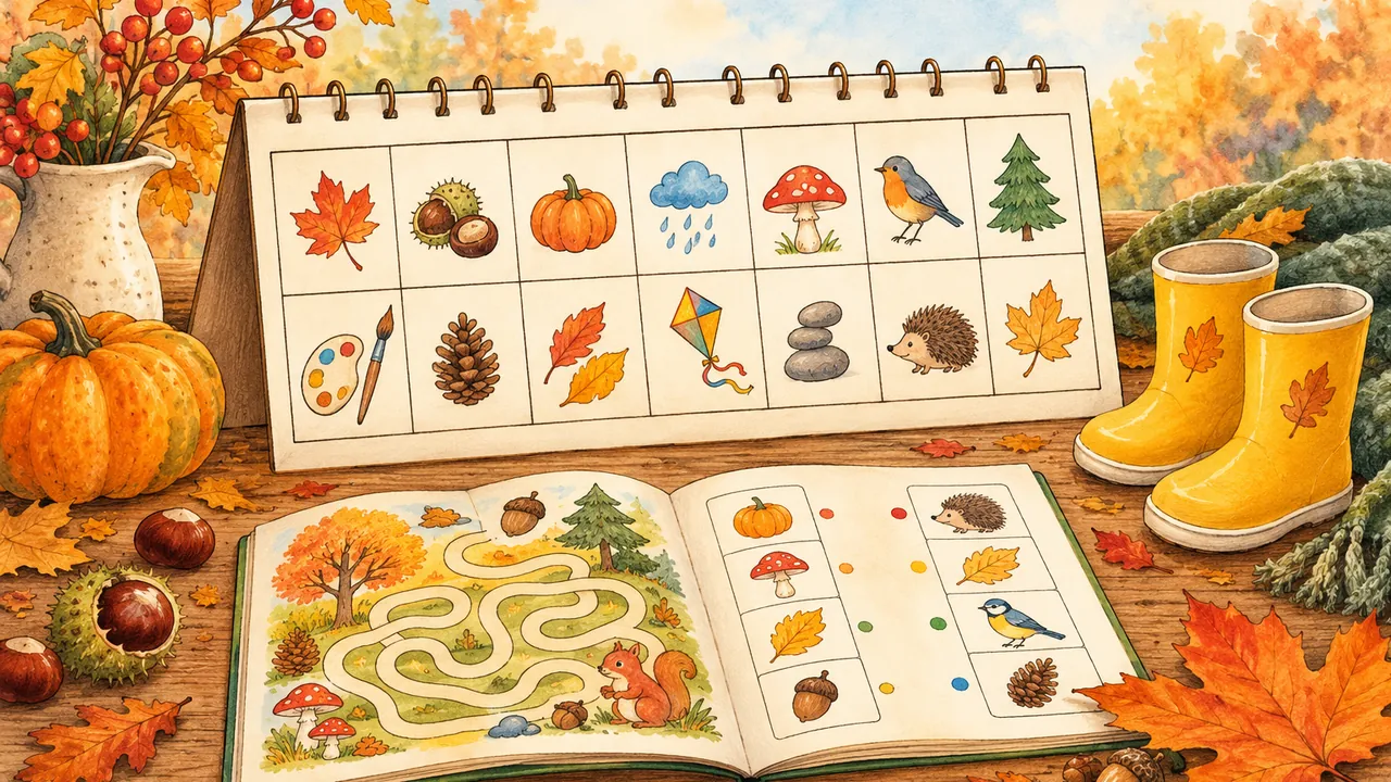 Calendrier de deux semaines de vacances, feuille d'automne, bottes de pluie et livret de jeux pour les vacances de la Toussaint