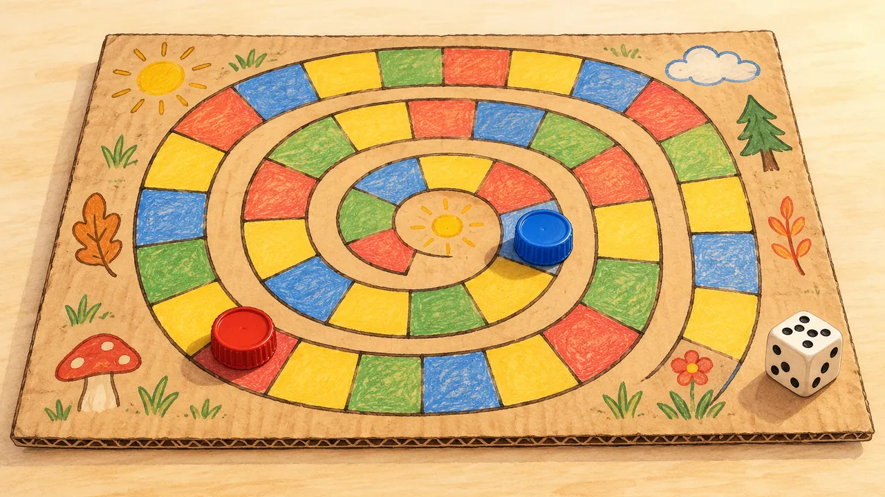 Plateau de jeu dessiné sur un carton, avec un chemin de cases colorées en spirale, un dé et deux bouchons comme pions