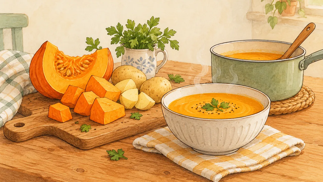 Bol de velouté orange, morceaux de potiron et pomme de terre sur une planche, petite casserole