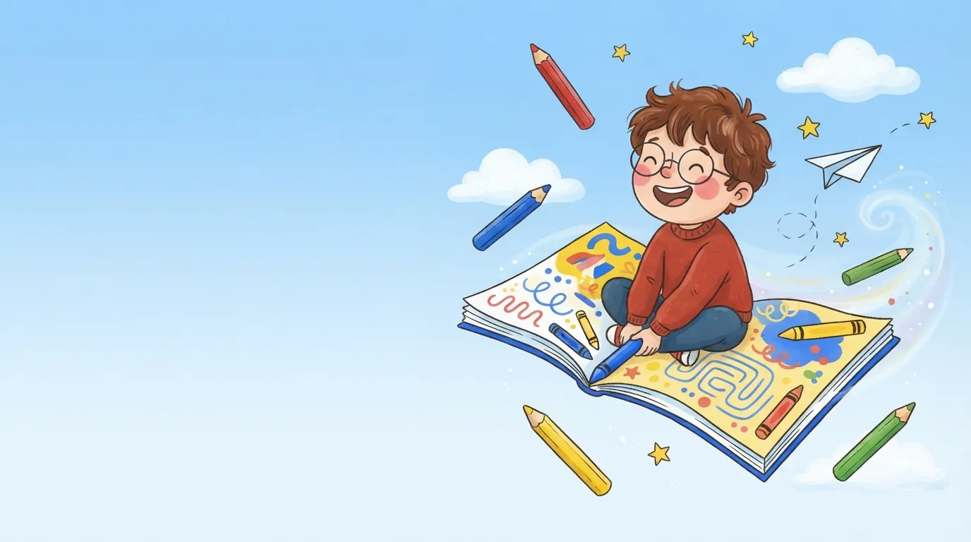 Hugo vole sur son livret ouvert, au milieu des crayons