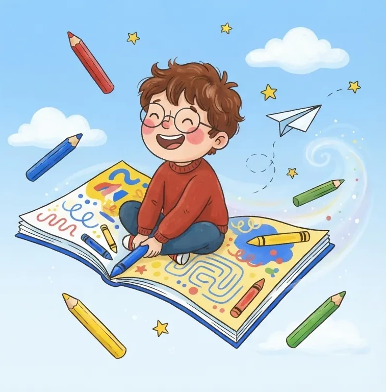 Hugo vole sur son livret ouvert, au milieu des crayons