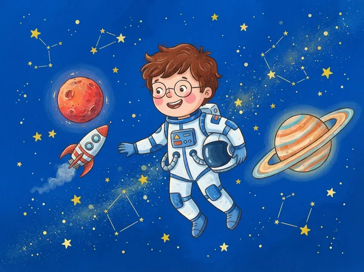 Hugo en astronaute, entre une fusée et des planètes