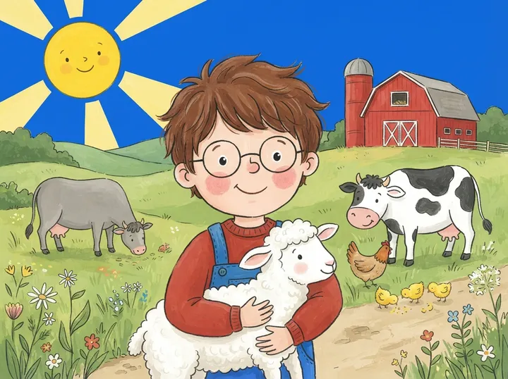 Hugo à la ferme, un agneau dans les bras