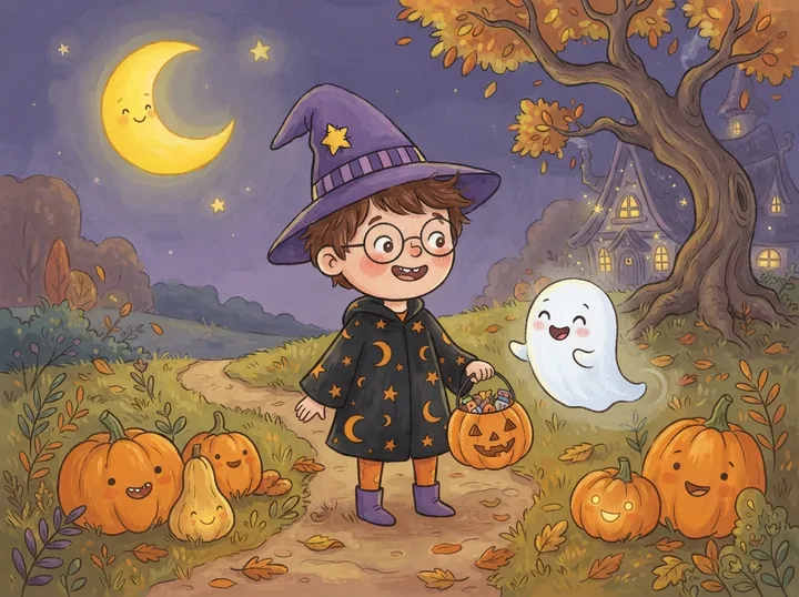 Hugo déguisé en petit sorcier, avec un fantôme rigolo et des citrouilles qui sourient