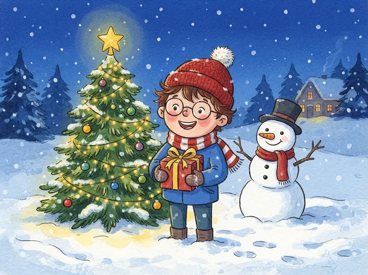 Hugo sous la neige, un cadeau dans les mains, près du sapin et d'un bonhomme de neige