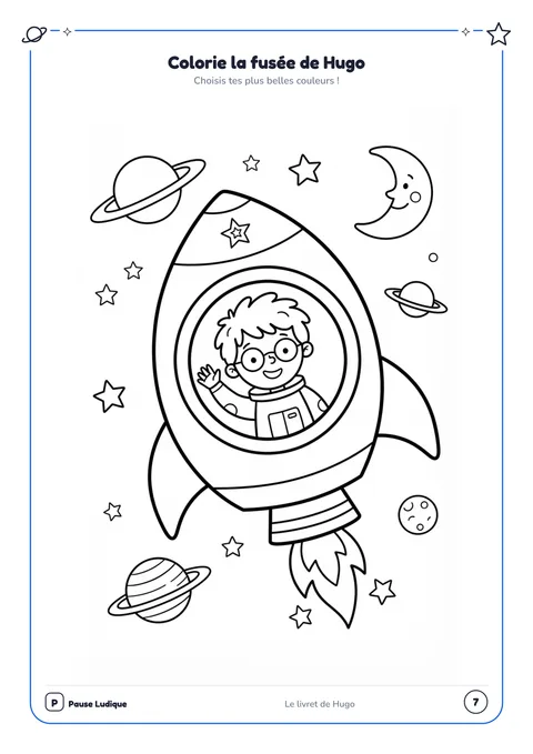 Page coloriage d'un livret d'exemple : Hugo dans sa fusée, au milieu des planètes.