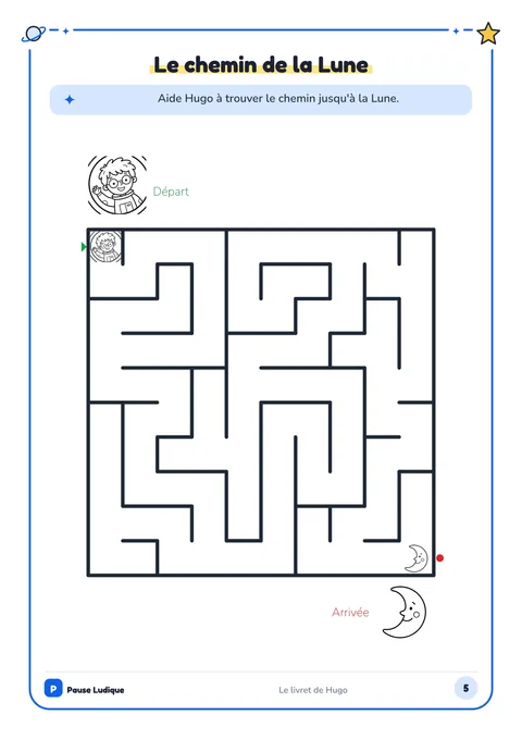 Page jeu d'un livret d'exemple : un labyrinthe pour aider Hugo à rejoindre la Lune.