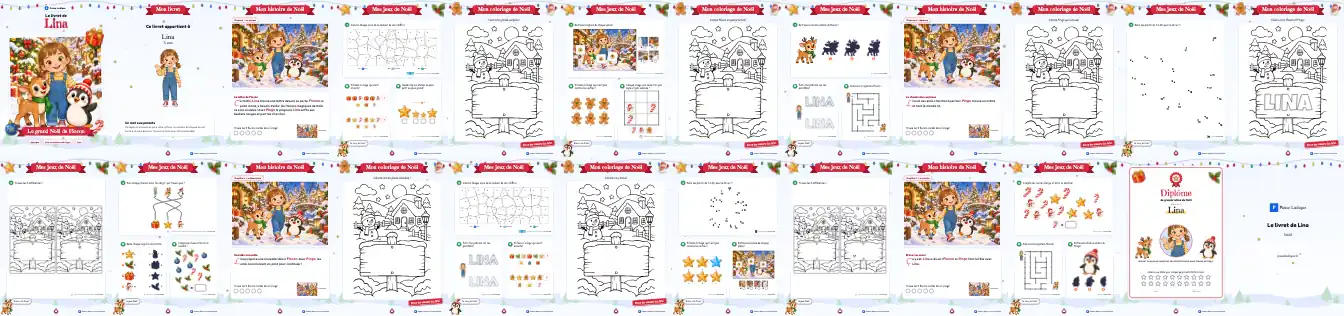 Les 24 pages de Noël : couverture, appartenance, quatre chapitres alternant avec jeux et coloriages, diplôme et dos