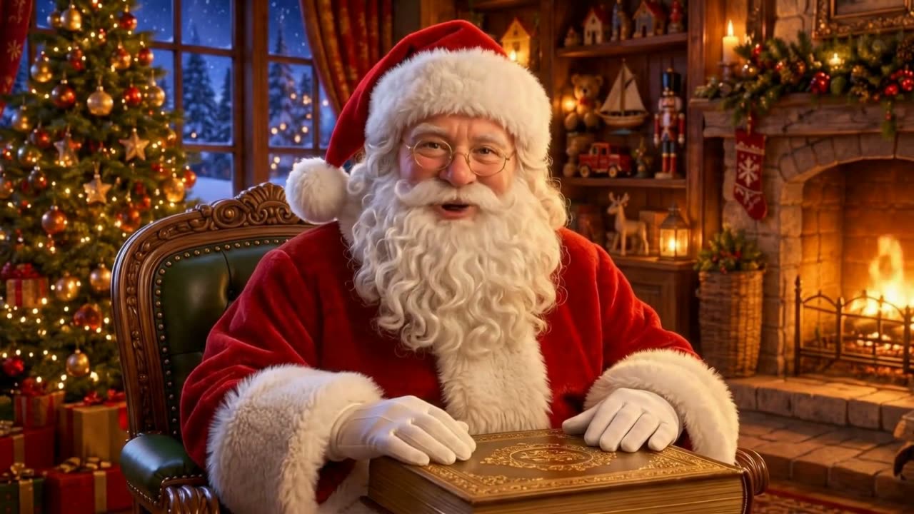 Le Père Noël dans son bureau, devant son grand livre ouvert
